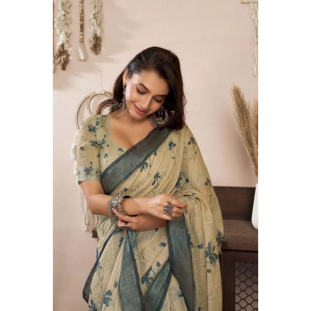 Beige Floral Print Linen Saree