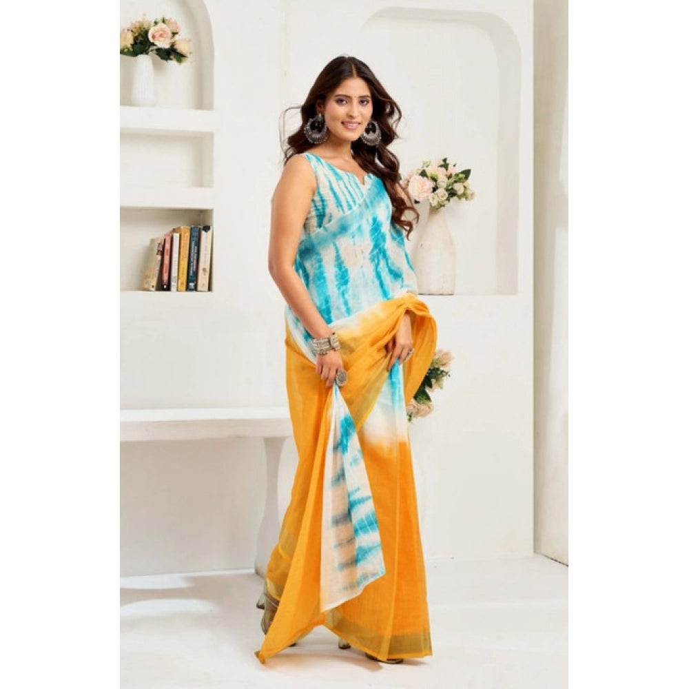 Multicolor Floral Print Linen Saree