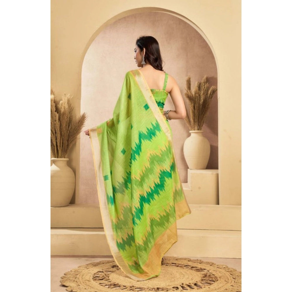 Green Linen Floral Print Saree