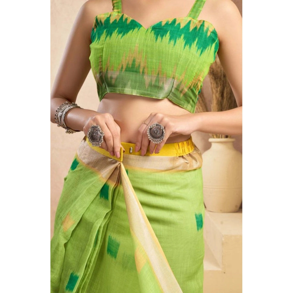 Green Linen Floral Print Saree