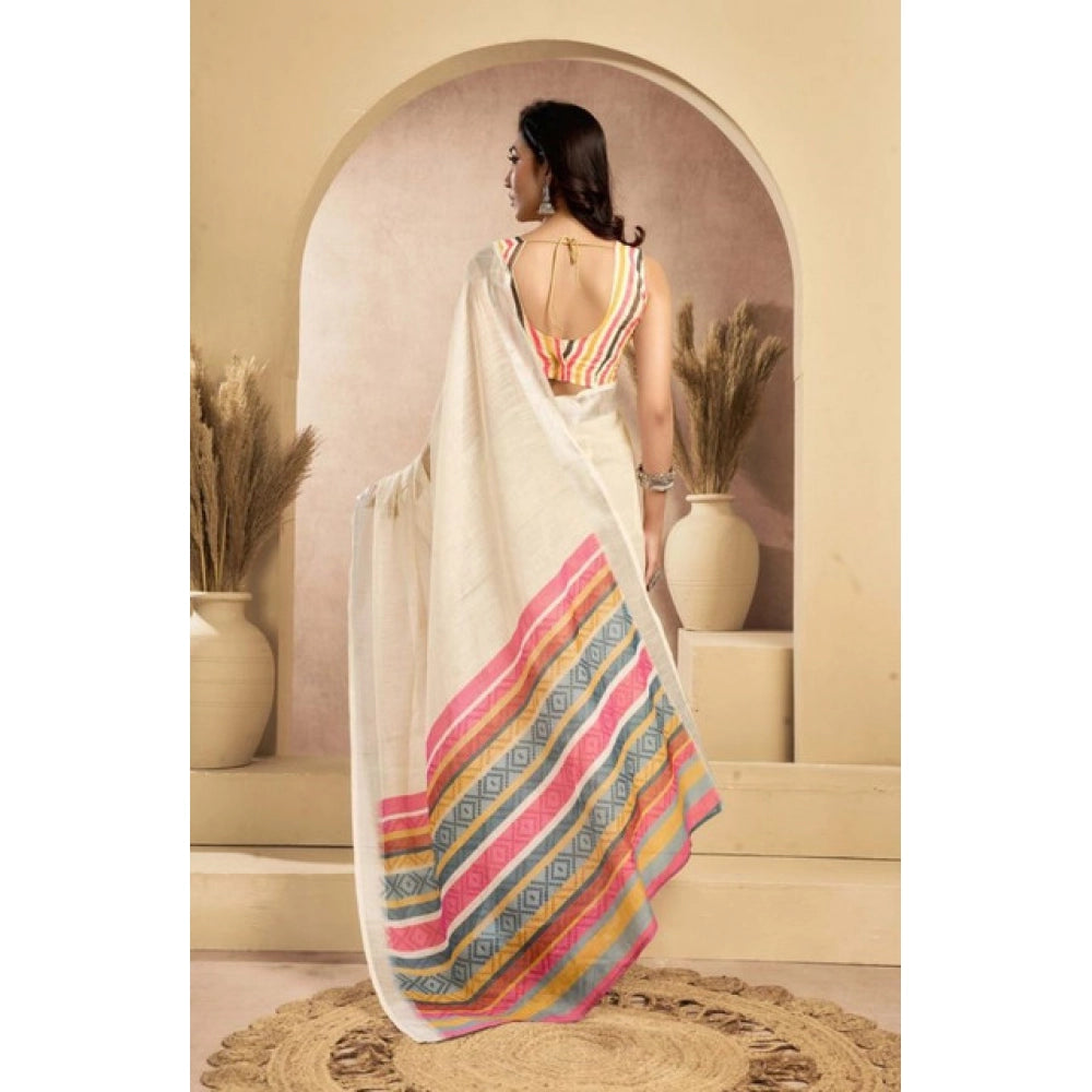 Cream Linen Floral Print Saree