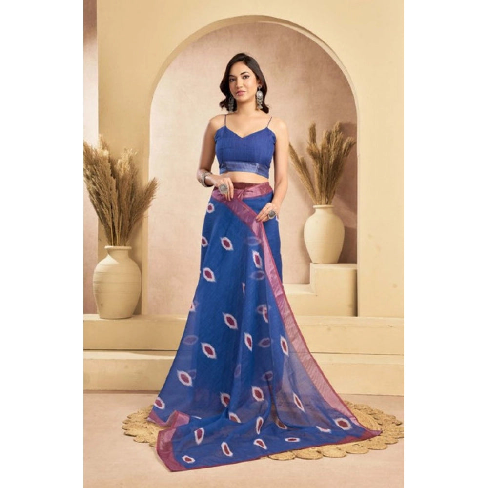 Linen Printed Saree (Blue)