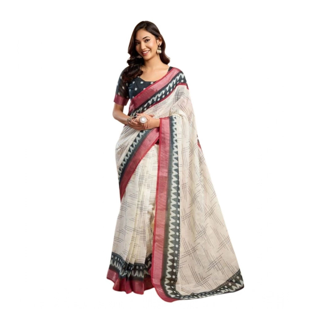 Linen Floral Print Saree(Off White)