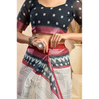 Linen Floral Print Saree(Off White)
