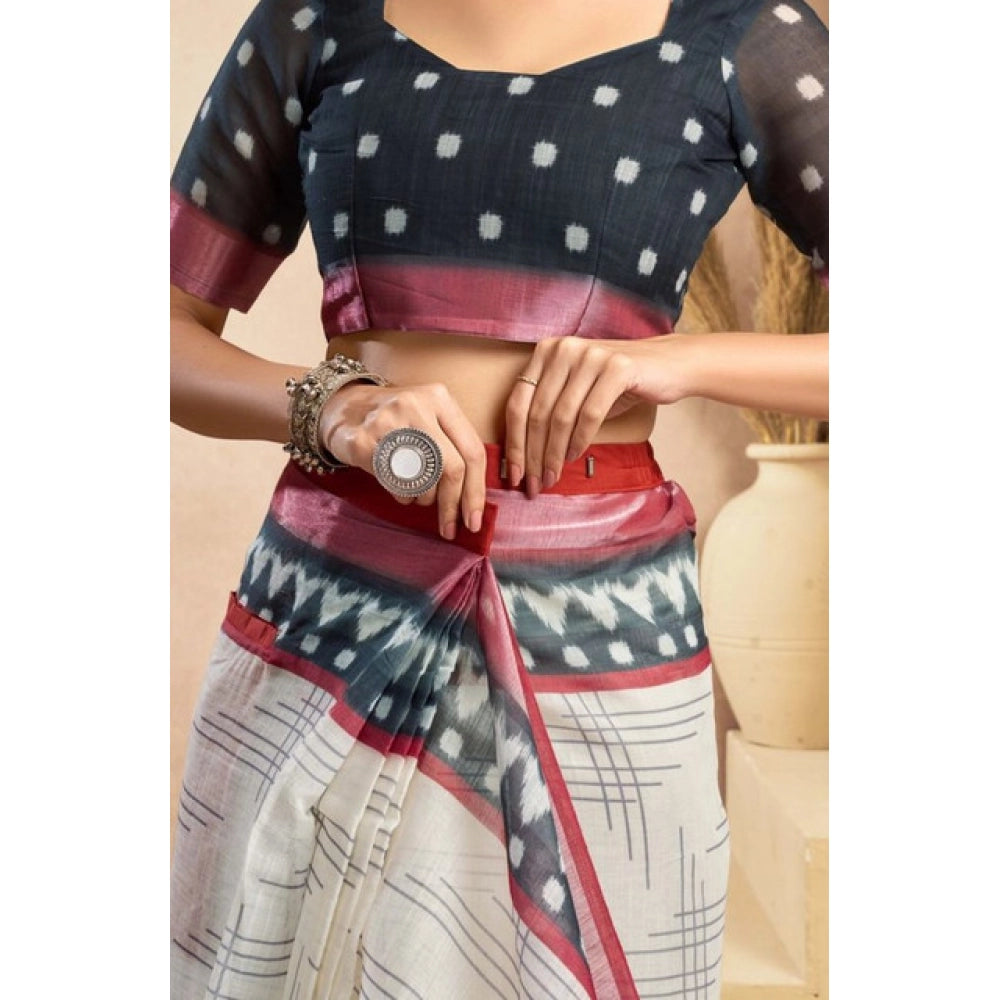 Linen Floral Print Saree(Off White)