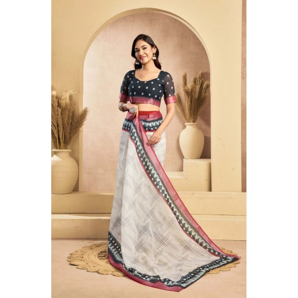 Linen Floral Print Saree(Off White)