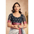 Linen Floral Print Saree(Off White)