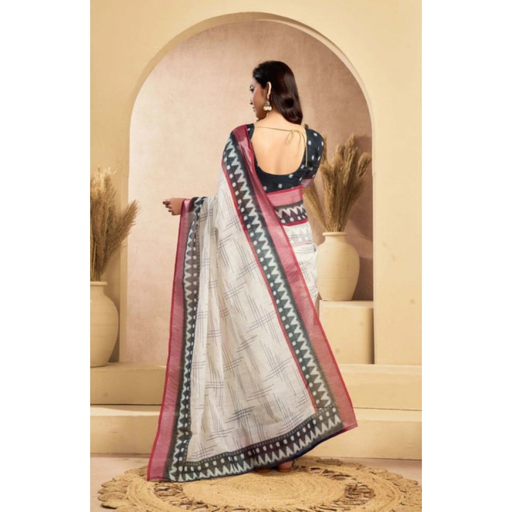 Linen Floral Print Saree(Off White)