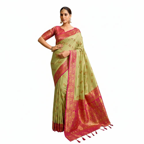 Silk Blend Booti Work Saree(Green)