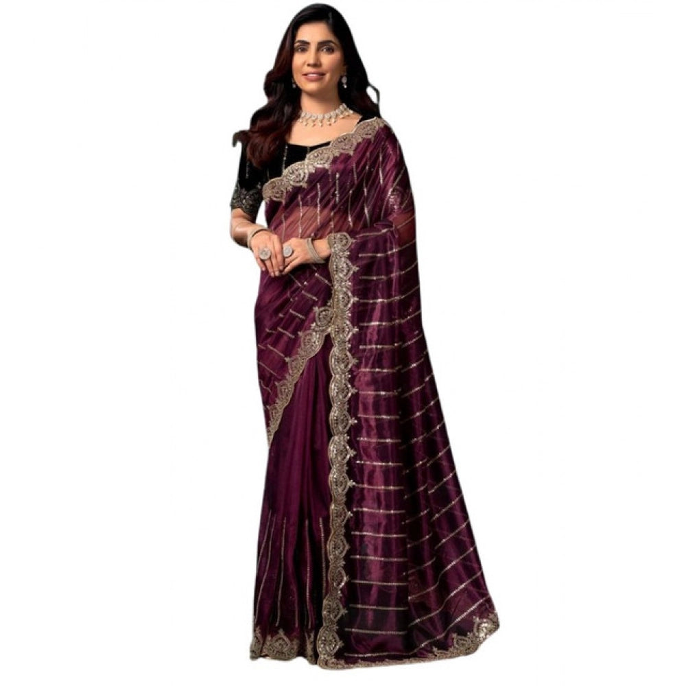 Marron Net Sequence Saree