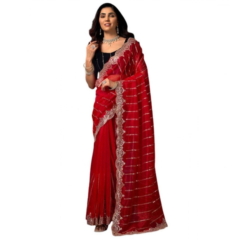 Red Saree with Scalloped Border