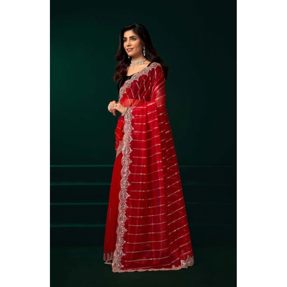 Red Saree with Scalloped Border