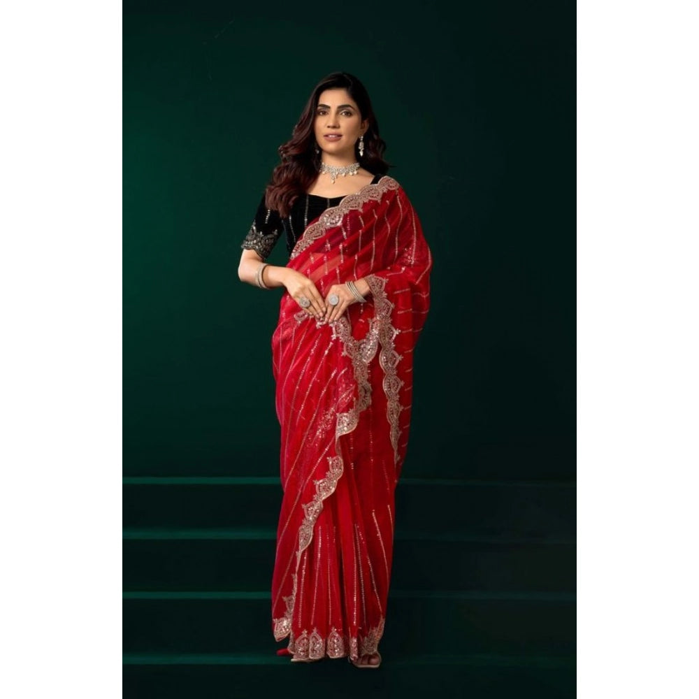 Red Saree with Scalloped Border