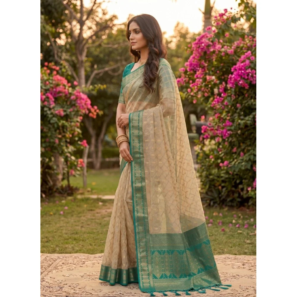 Lightweight Beige & Teal Woven Printed Saree