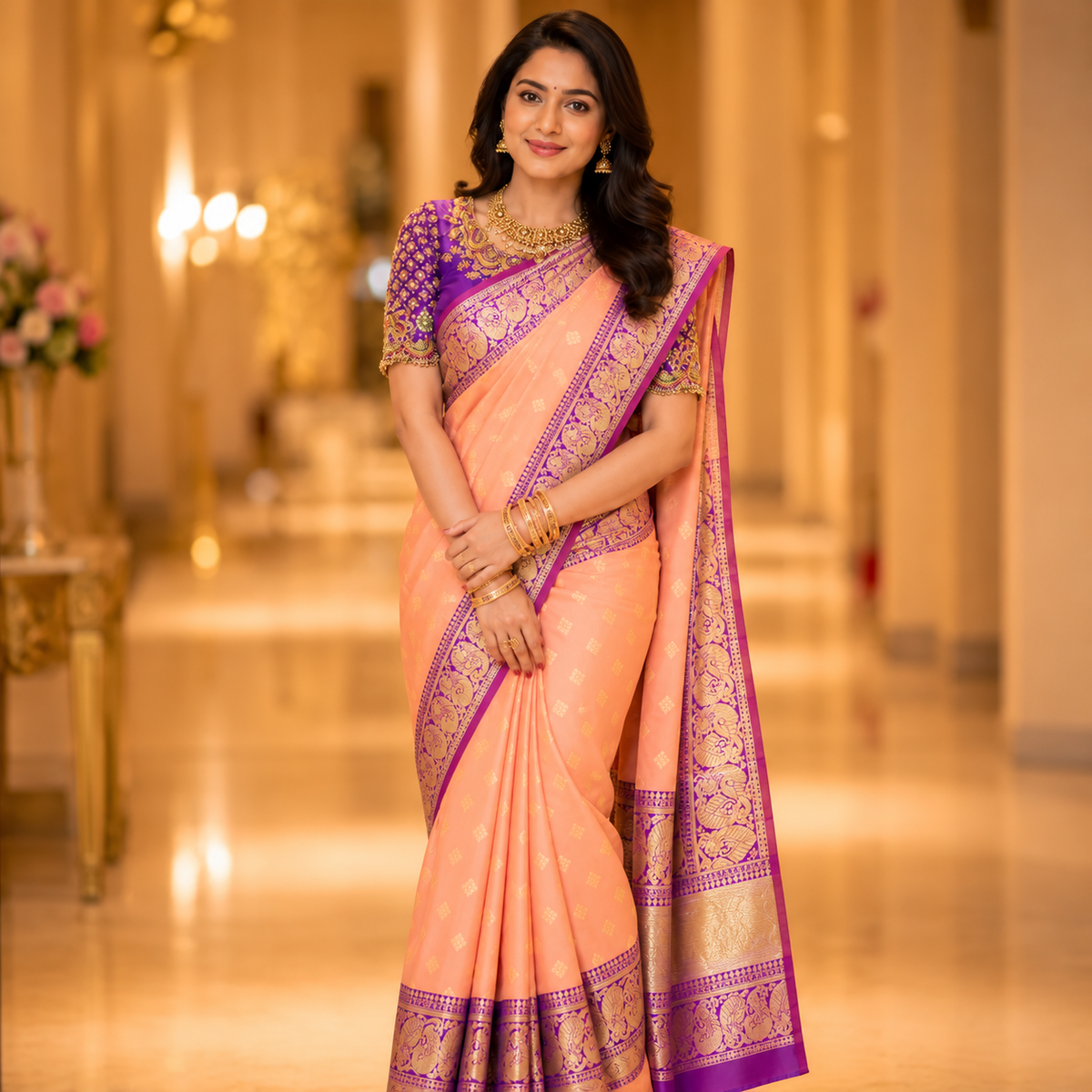 Peach Silk Saree With Purple Border