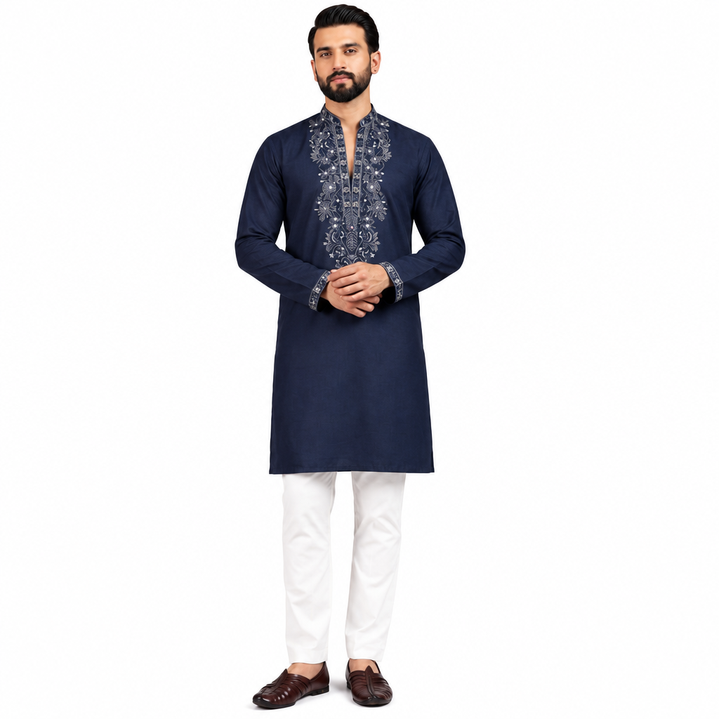 Navy Blue Embroidered Kurta set