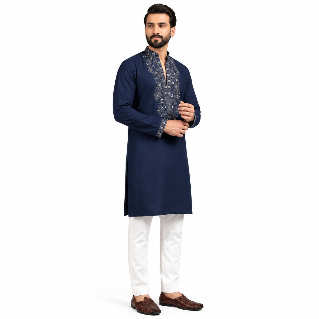 Navy Blue Embroidered Kurta set