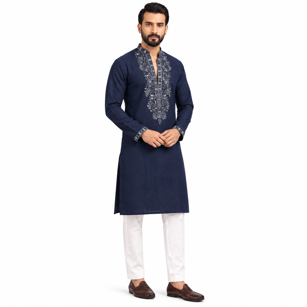 Navy Blue Embroidered Kurta set