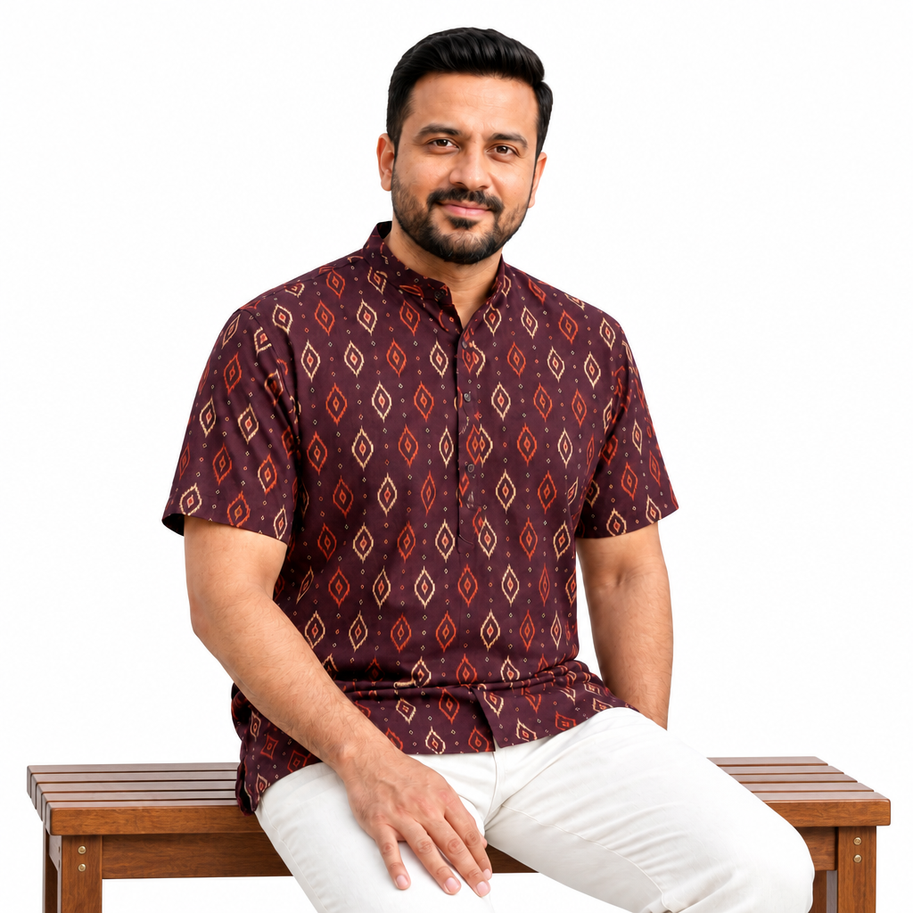 Printed Burgundy Short Kurta