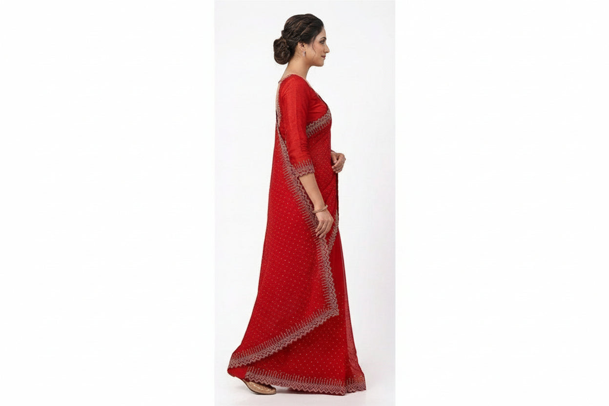 Vibrant Red Georgette Stone Work Saree