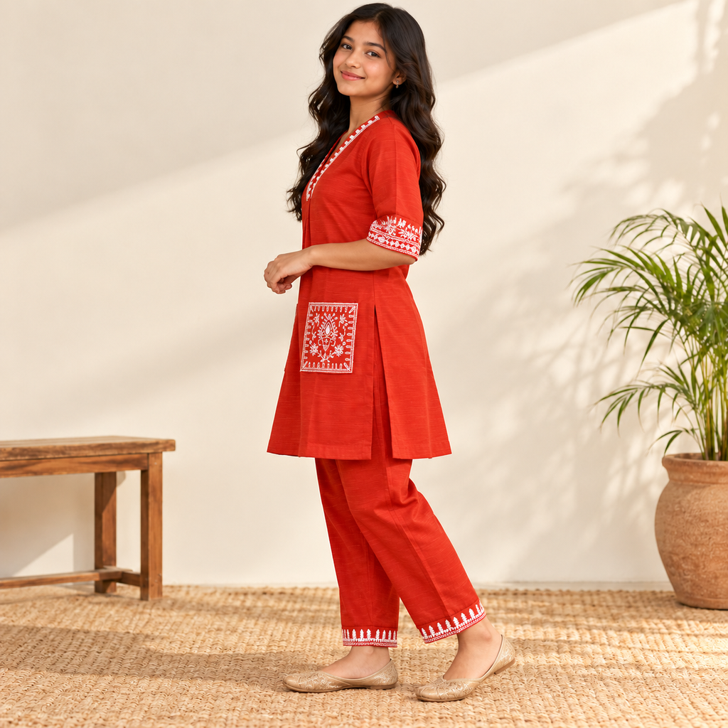 Cotton Rust orange Girls Kurti set