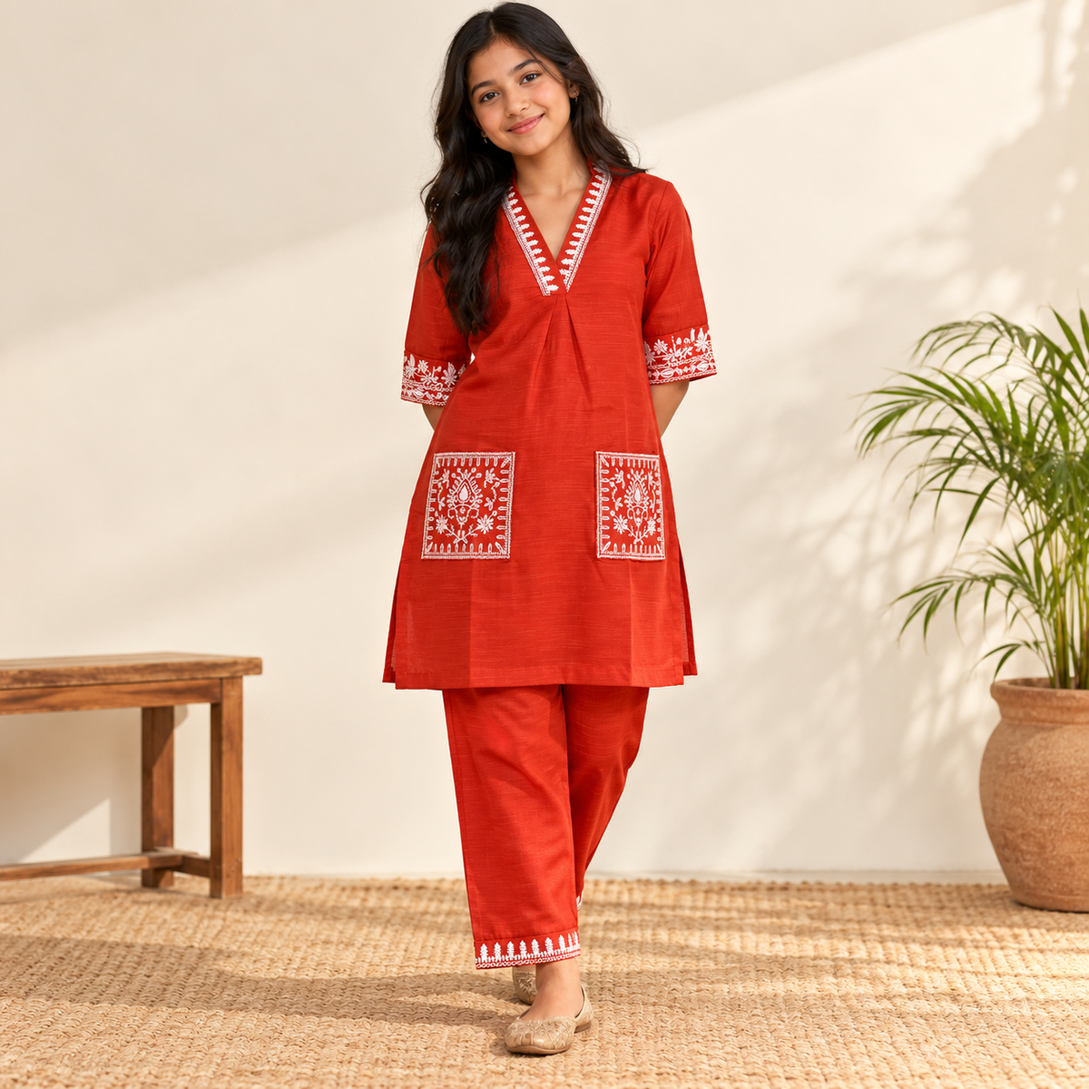 Cotton Rust orange Girls Kurti set