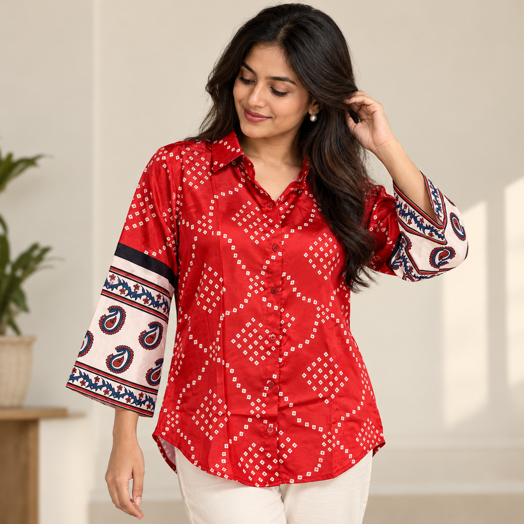 Red Bandhani Satin Shirt