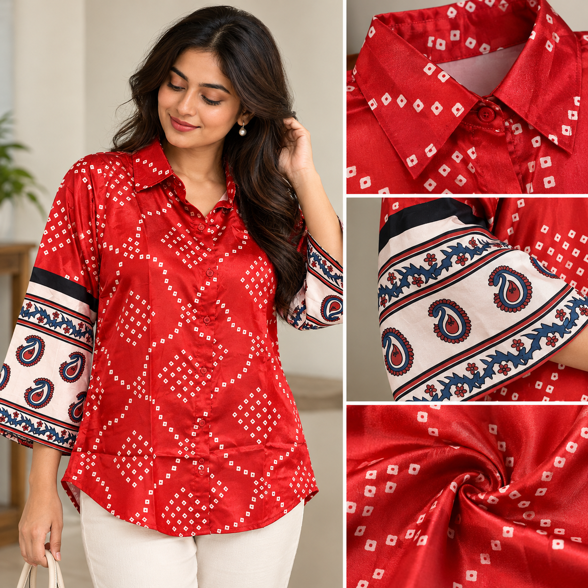 Red Bandhani Satin Shirt