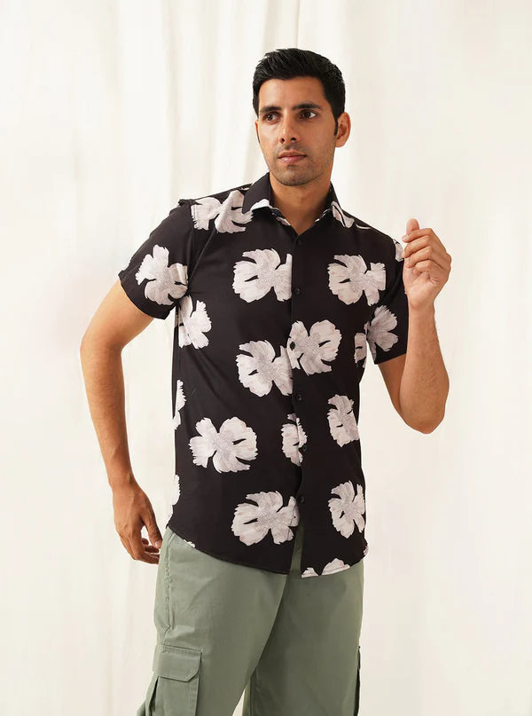 Black Floral Printed Cotton Shirt
