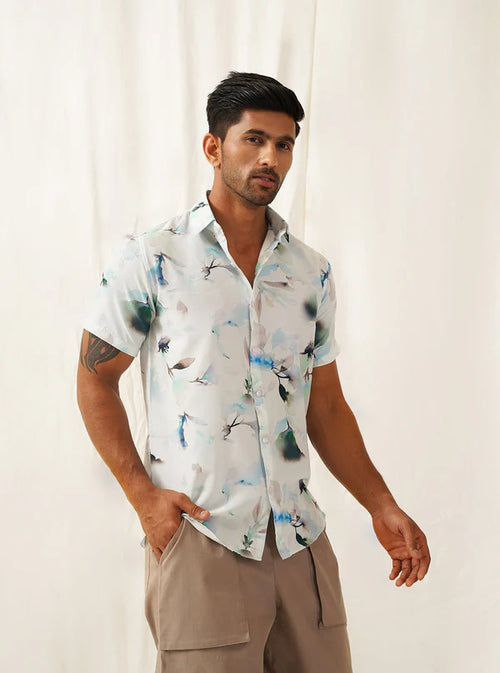 Blue Floral Printed Cotton Shirt