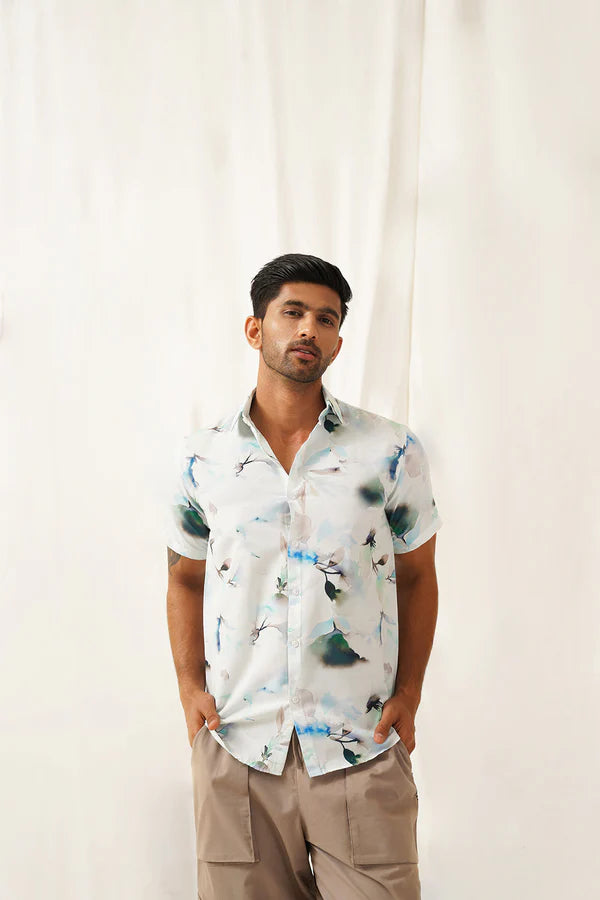 Blue Floral Printed Cotton Shirt