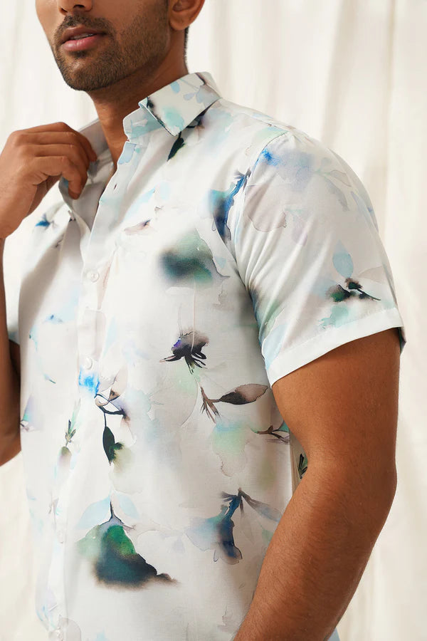 Blue Floral Printed Cotton Shirt