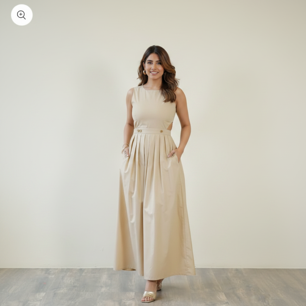 Beige Pleated Maxi Dress