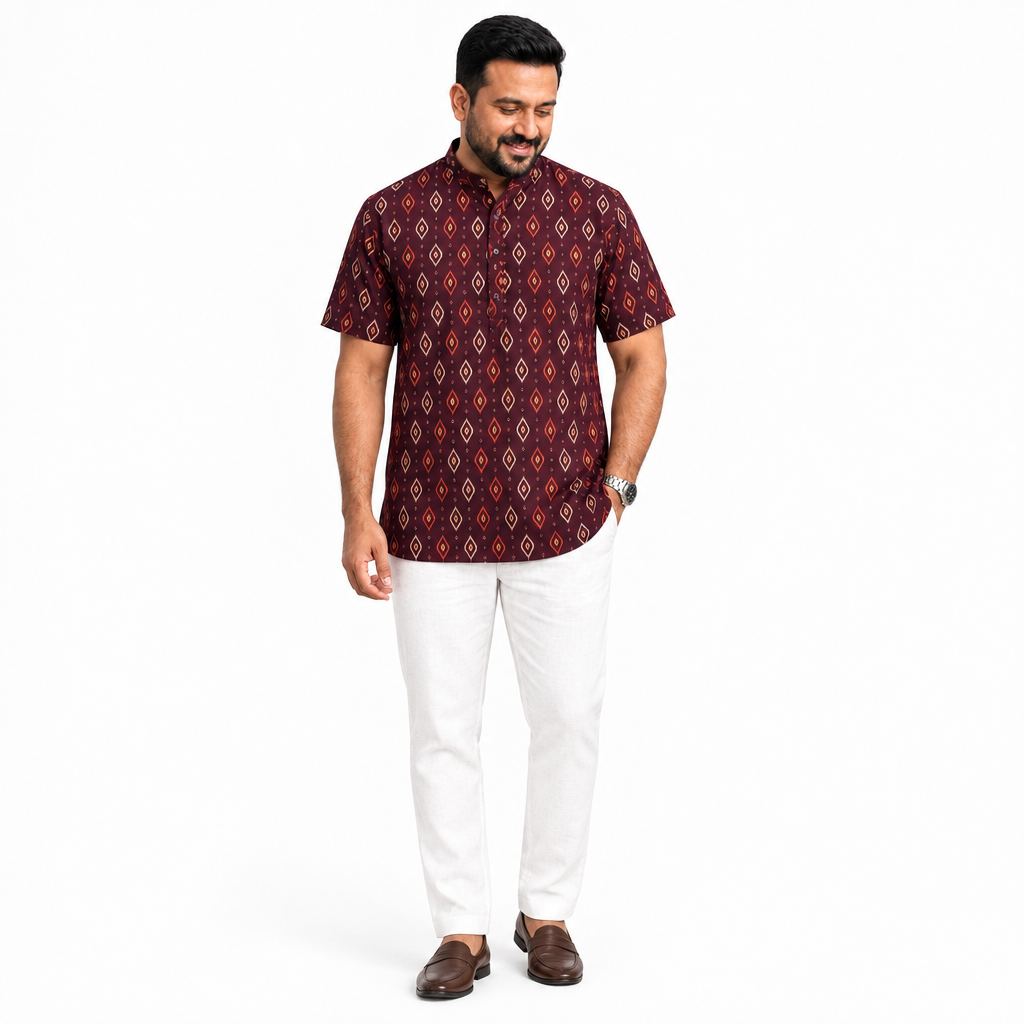 Printed Burgundy Short Kurta