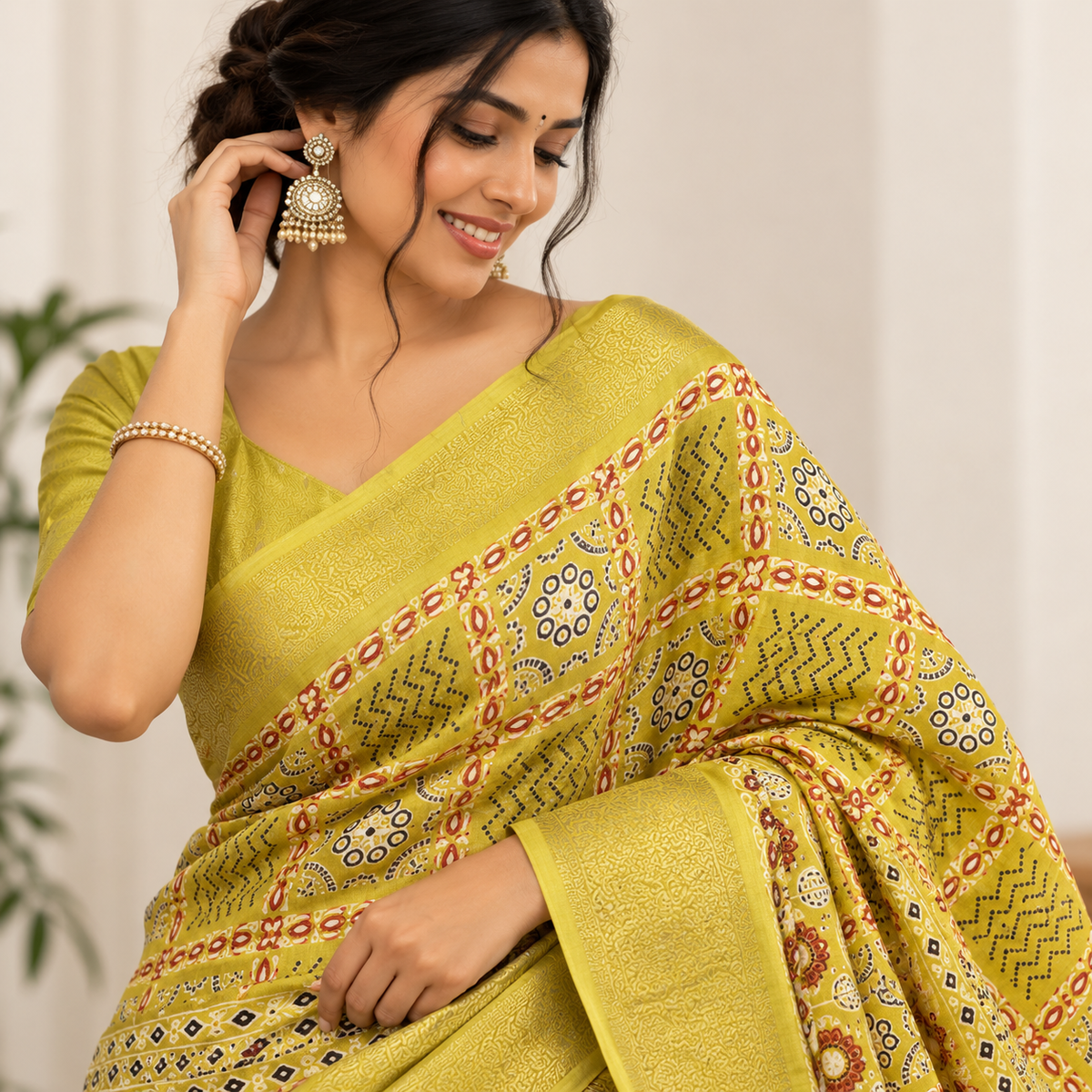 Olive Green Cotton Block Printed Saree