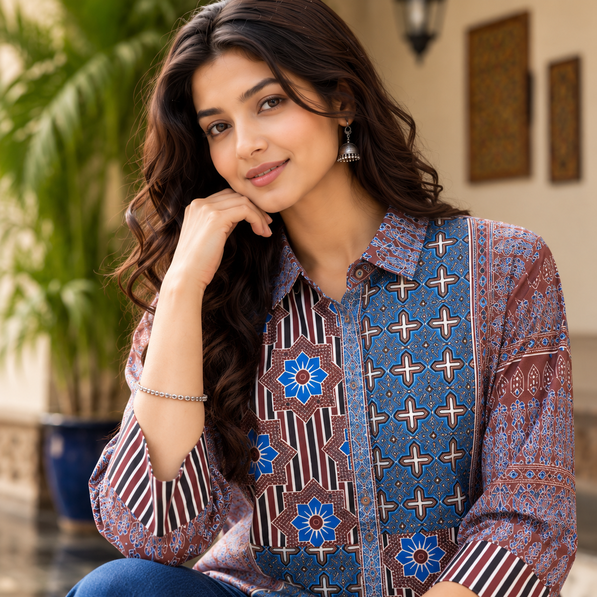 Blue Printed Crepe Shirt