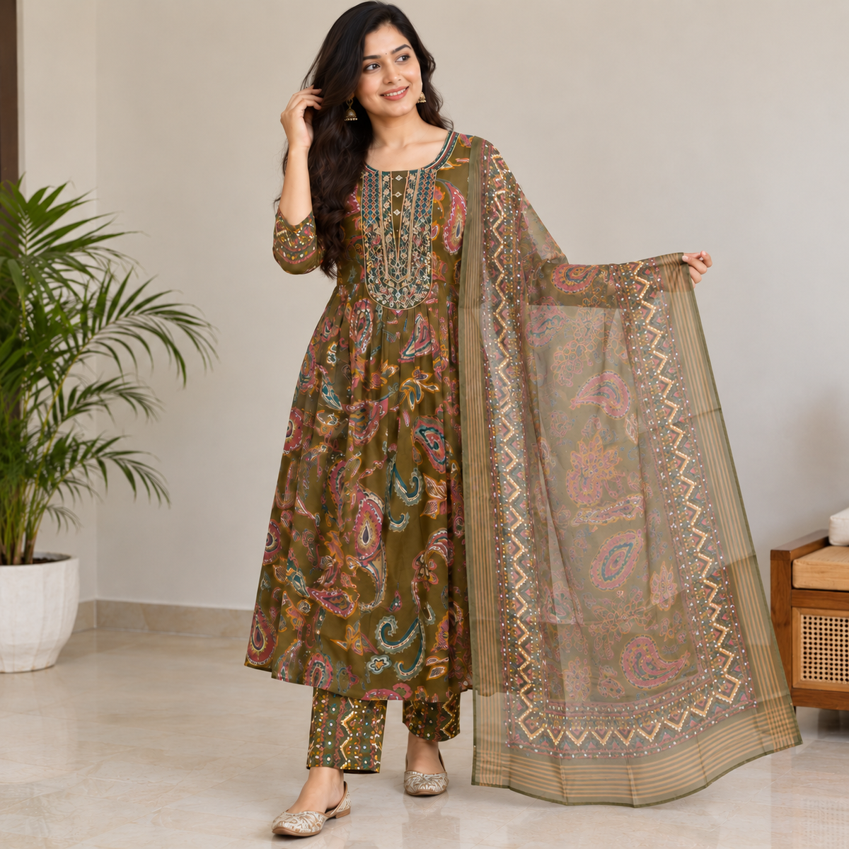 Olive Embroidered Anarkali with Paisley print set