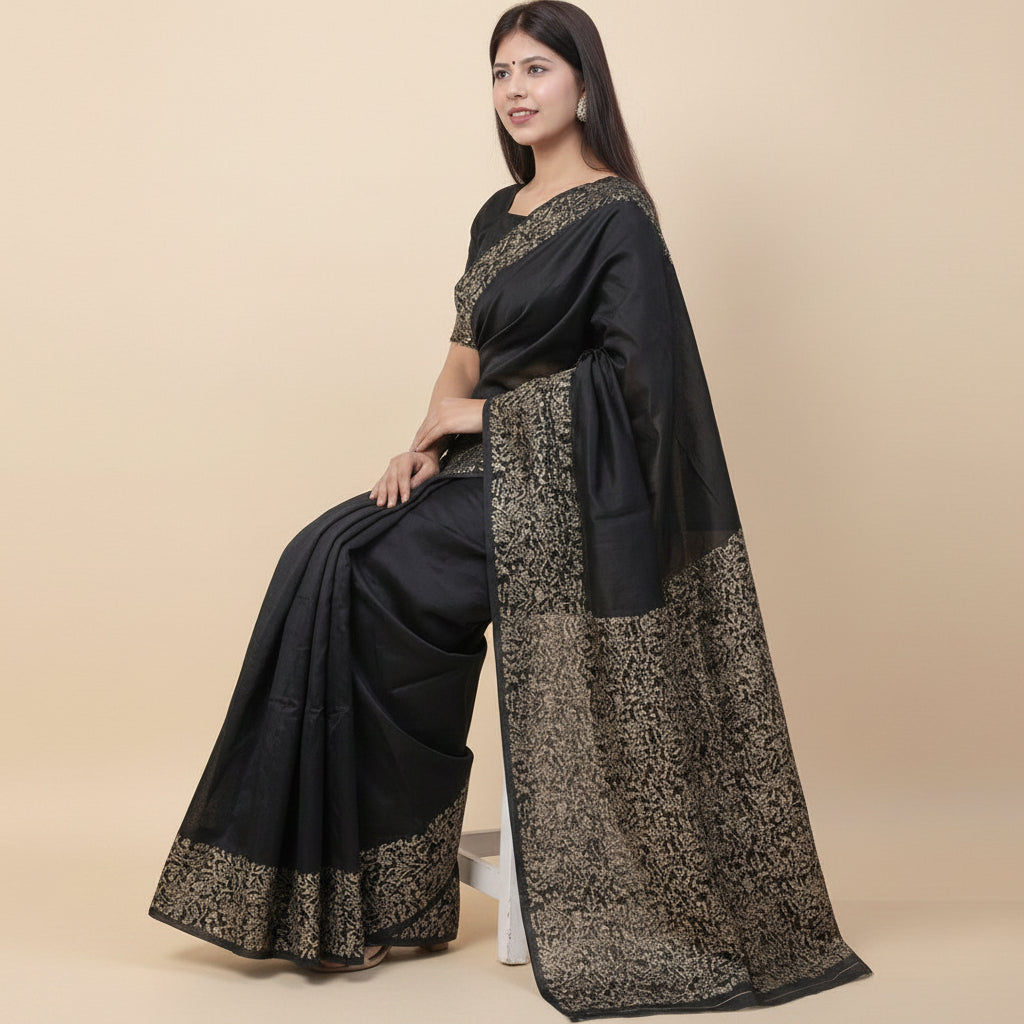 Black Soft Lichi Silk Saree