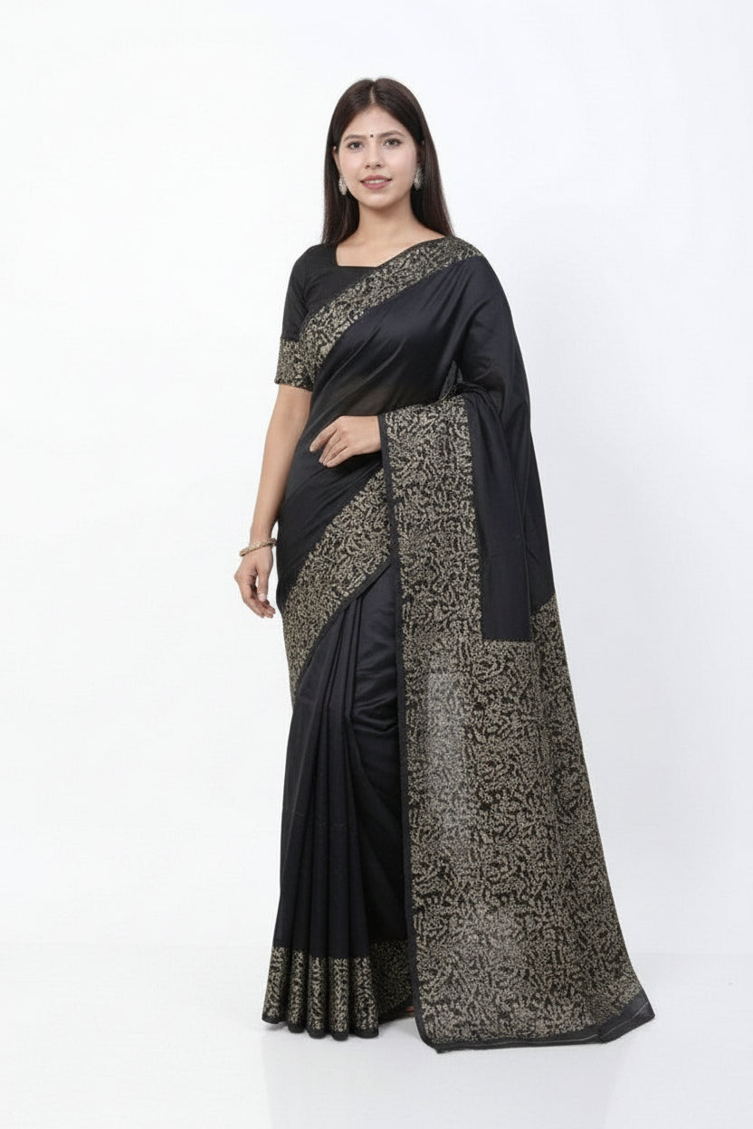 Black Soft Lichi Silk Saree