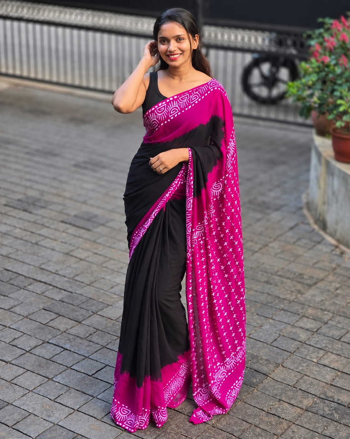 Black & Pink Batik Saree