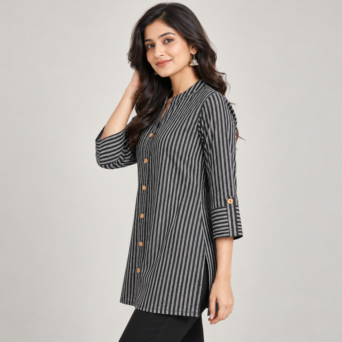 Women Black Striped Cotton Shirt