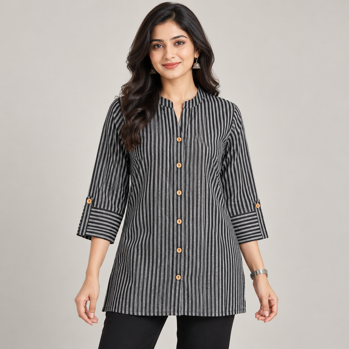 Women Black Striped Cotton Shirt