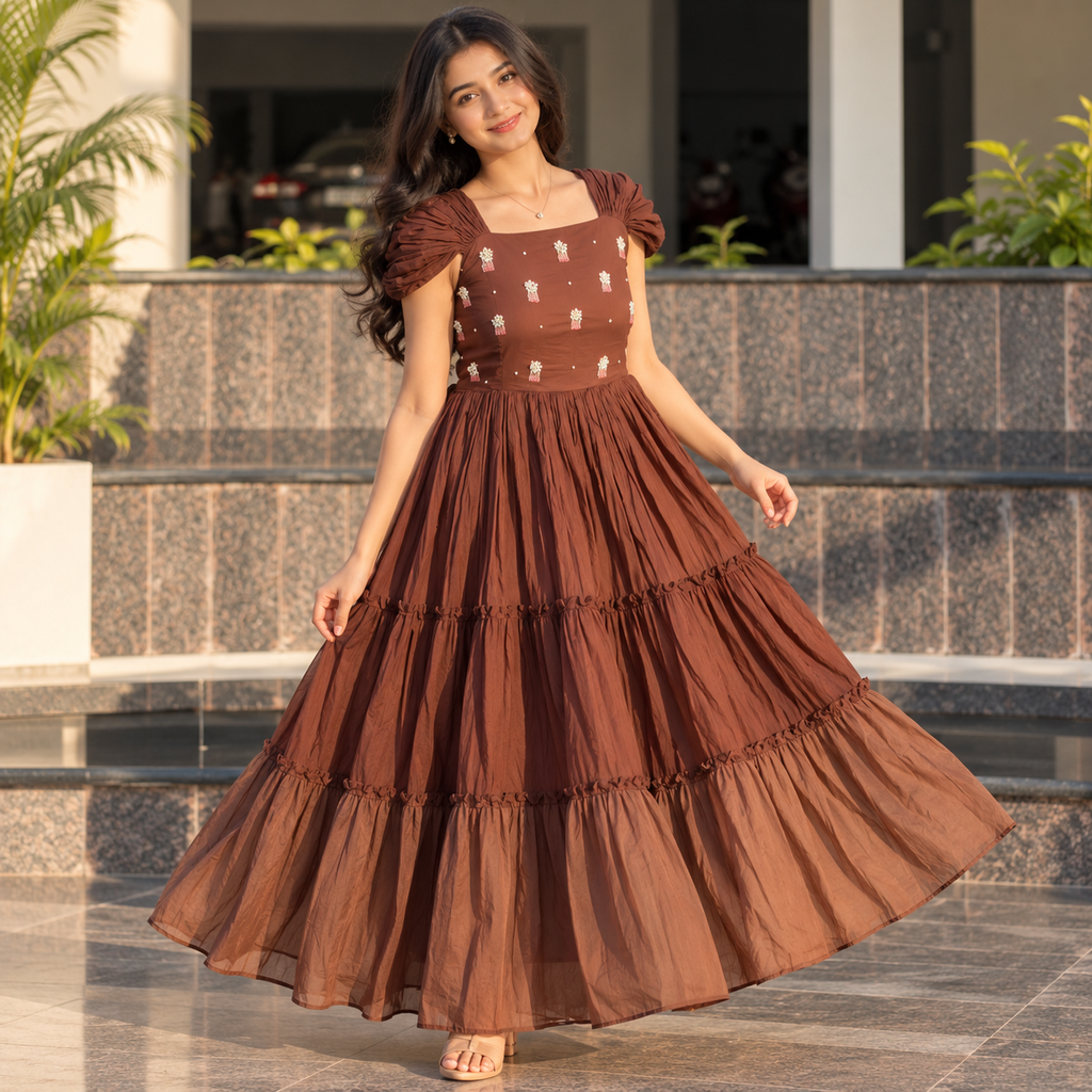 Cotton Brown Tiered Dress