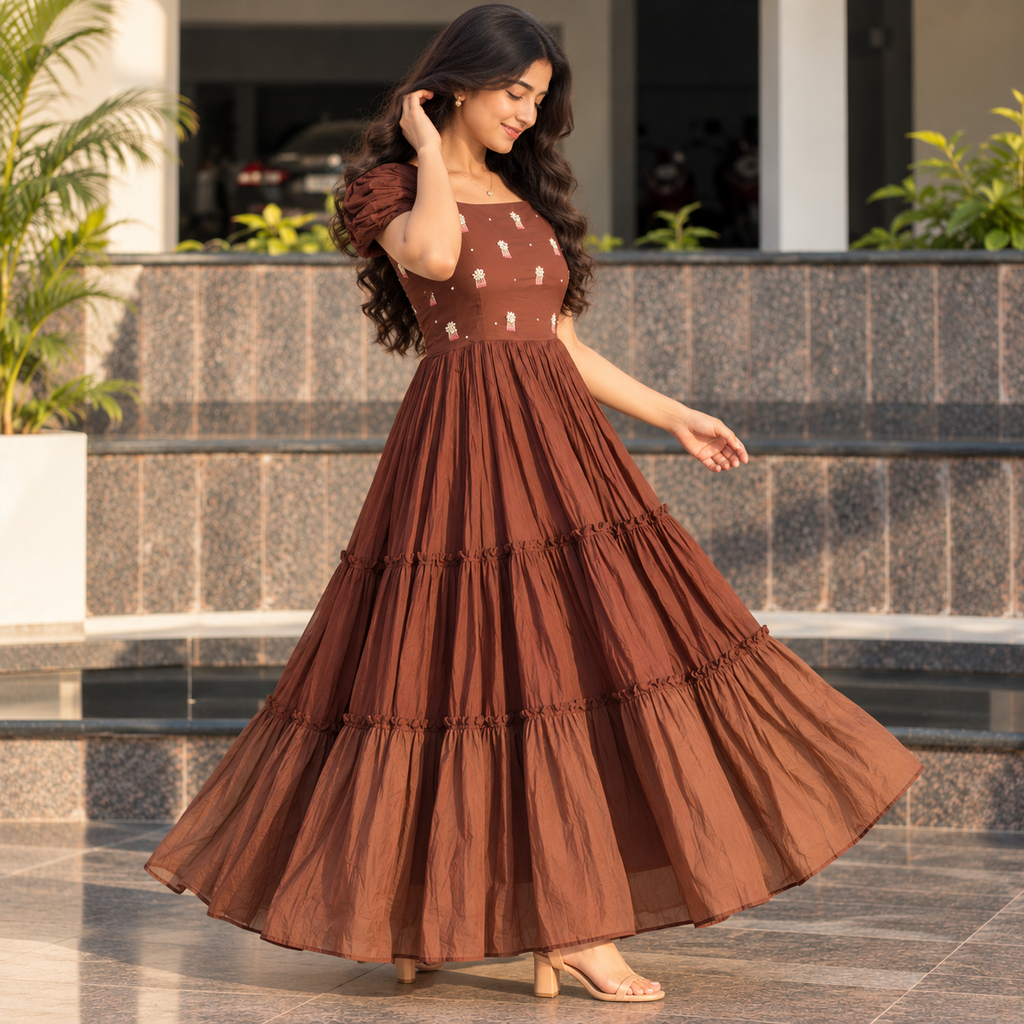 Cotton Brown Tiered Dress