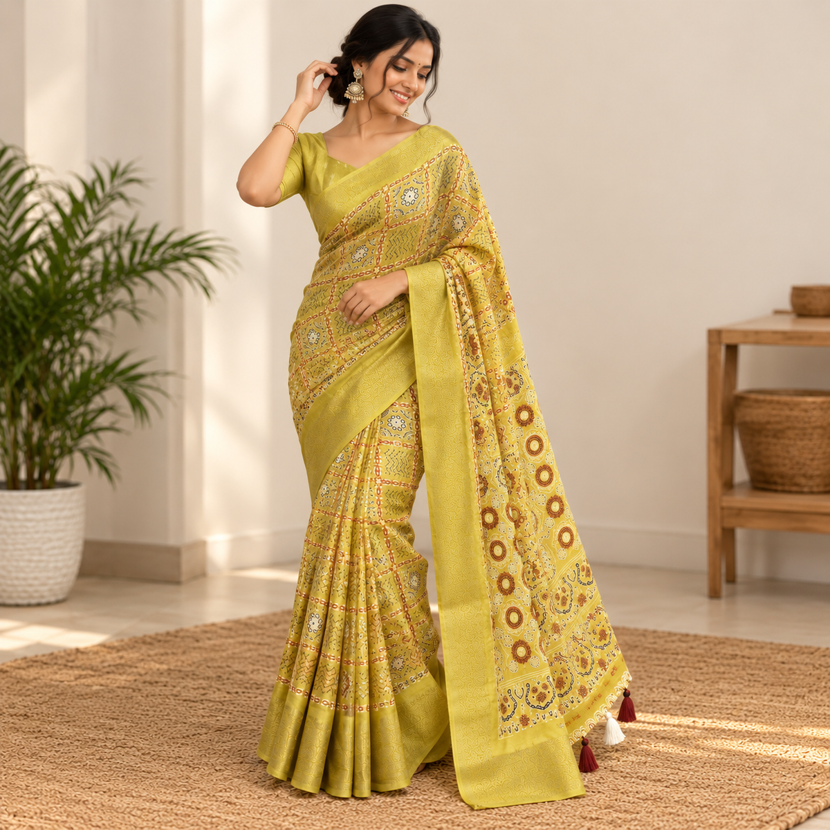 Olive Green Cotton Block Printed Saree