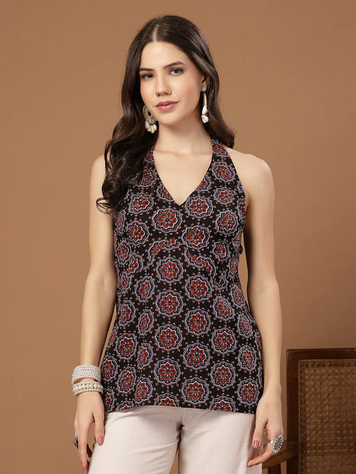 Black Ajrakh-Print Halter Tunic
