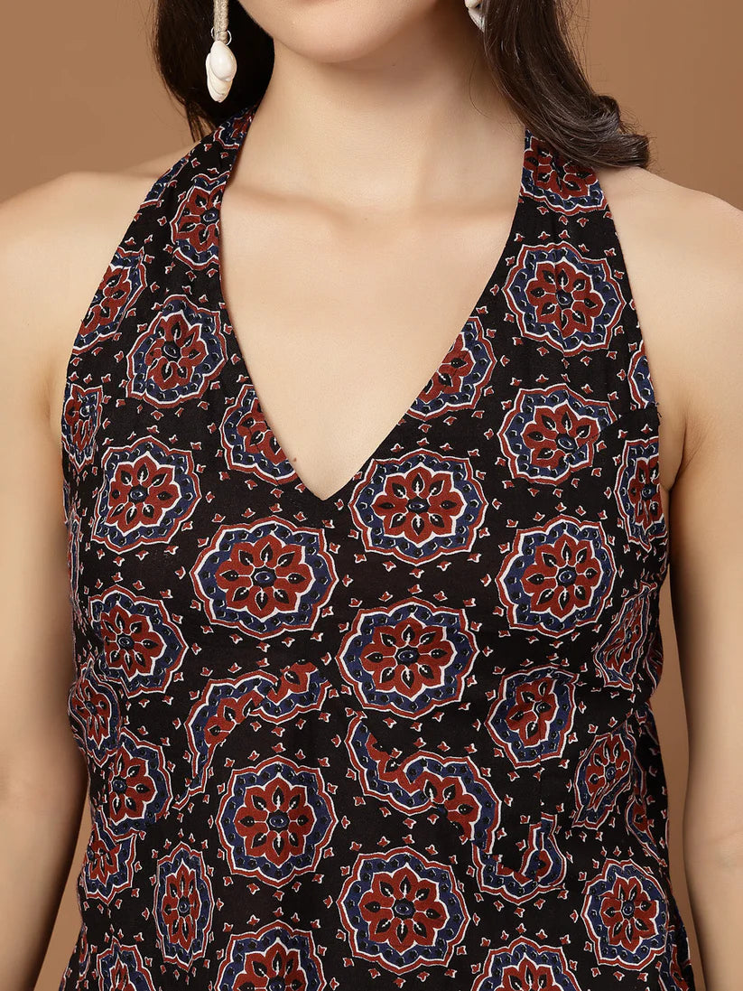 Black Ajrakh-Print Halter Tunic