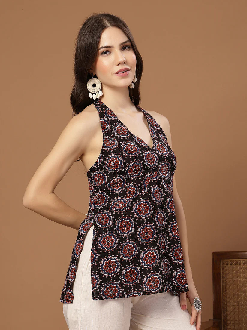 Black Ajrakh-Print Halter Tunic