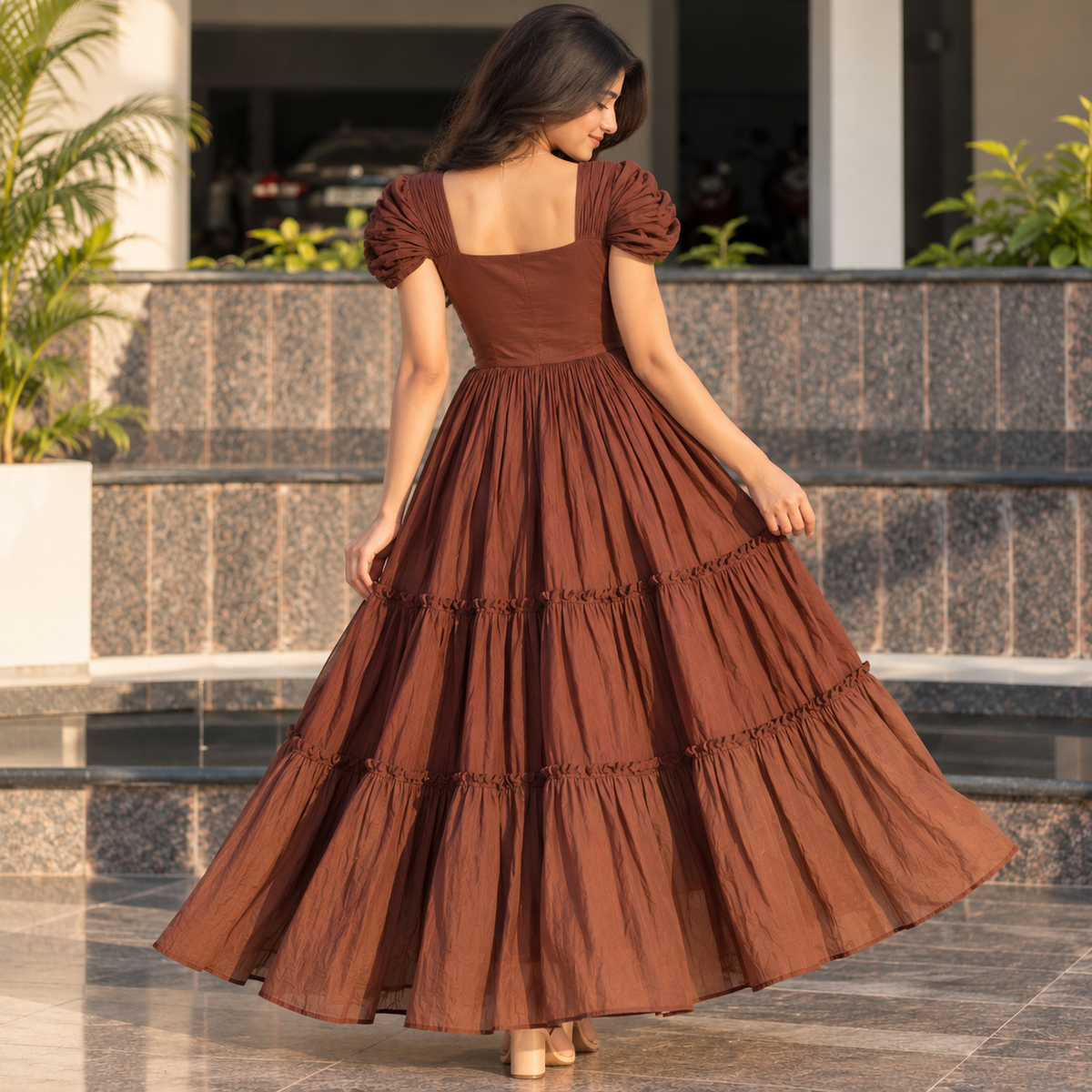 Cotton Brown Tiered Dress