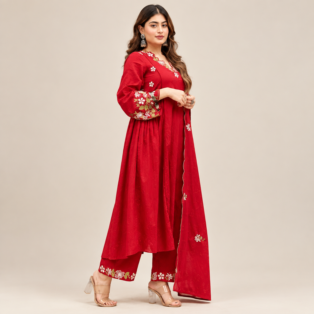 Ruby Red Floral Anarkali Set